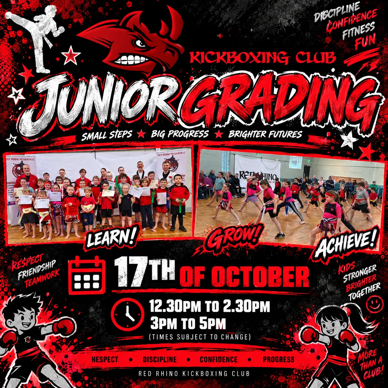 Red Rhino Kickboxing Club Junior Grading poster for October 17