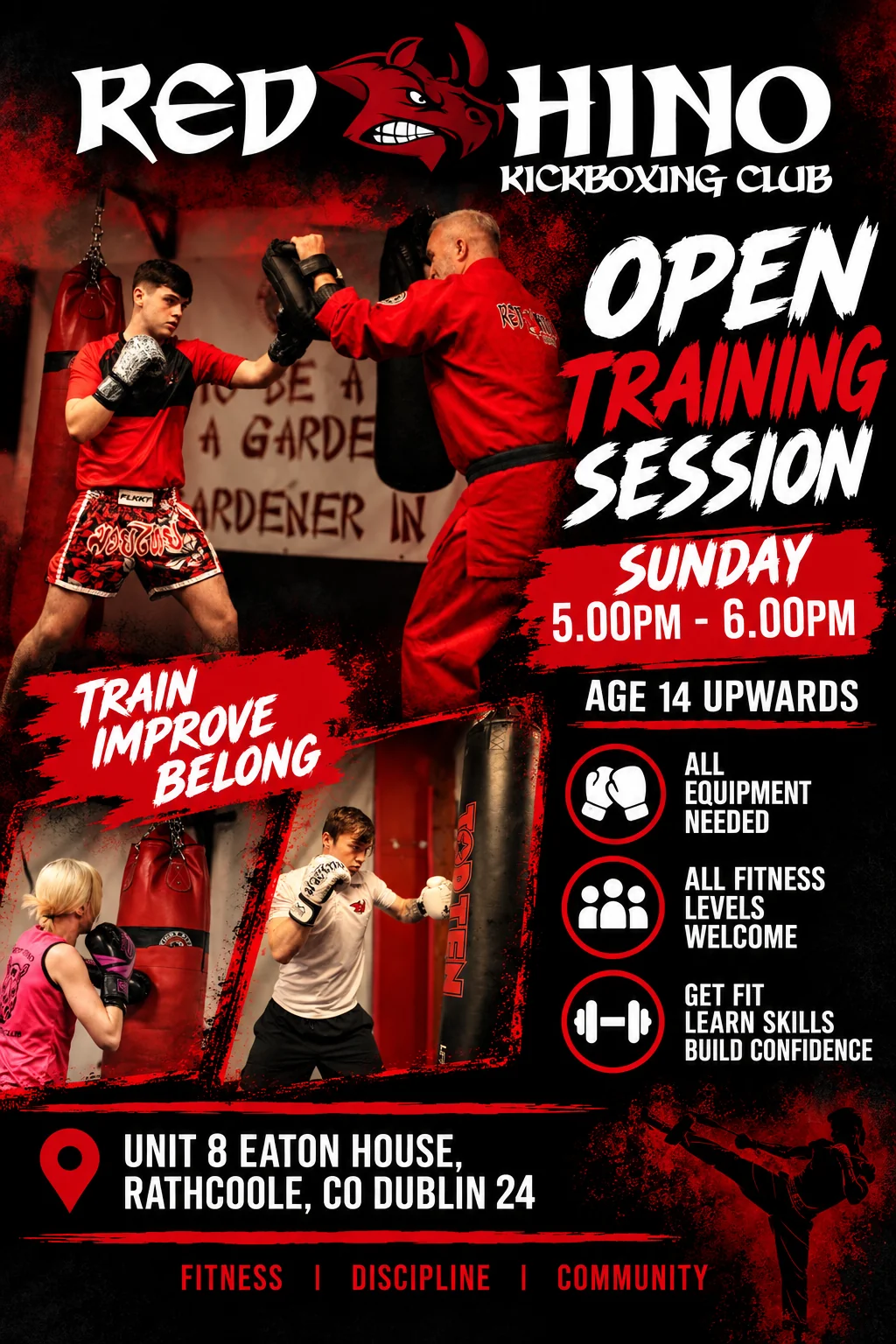 Open Training Session poster for Sundays from 5 PM to 6 PM