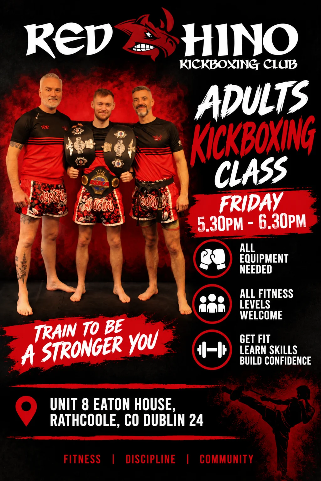 Adults Kickboxing Class poster for Fridays from 5:30 PM to 6:30 PM