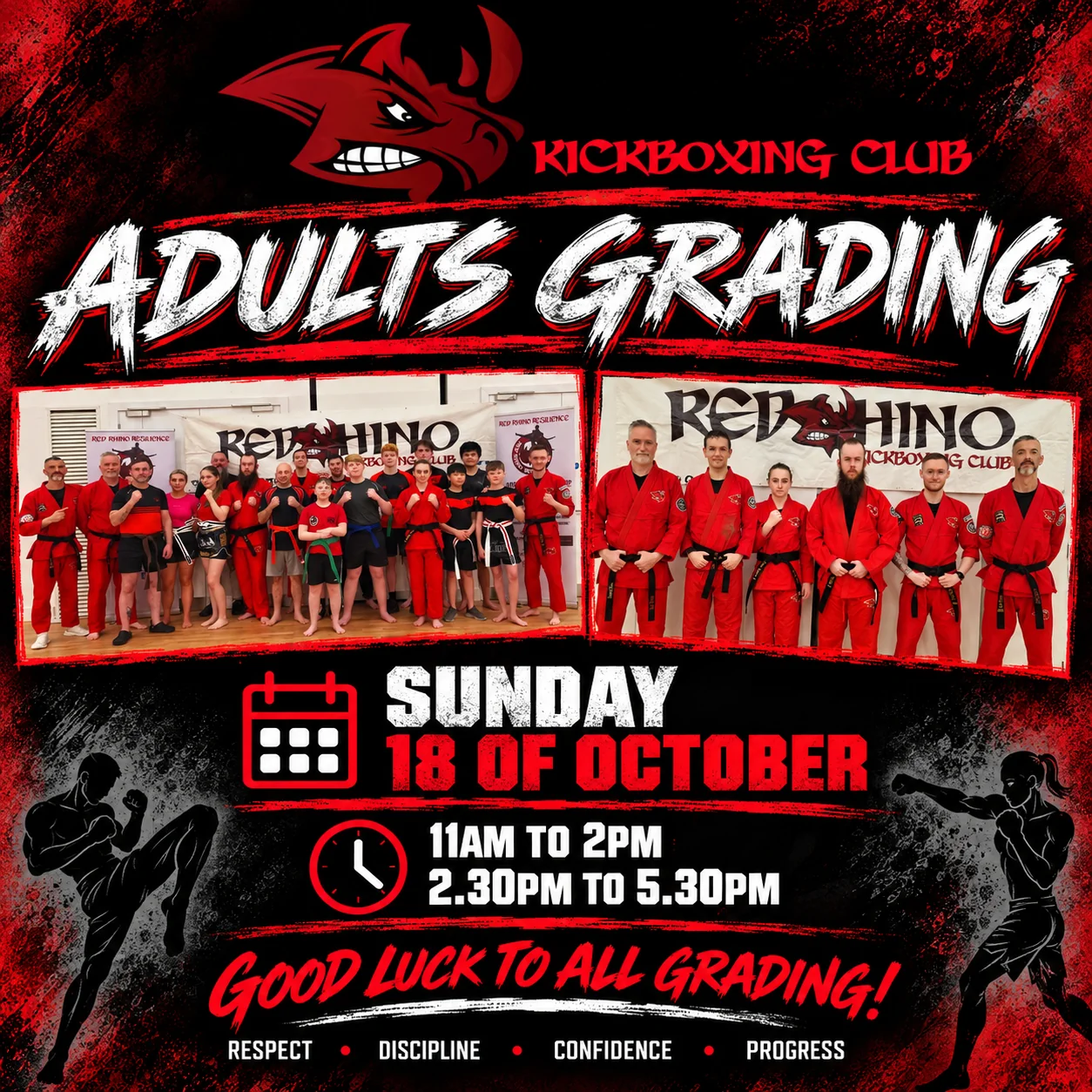Red Rhino Kickboxing Club Adults Grading poster for October 18